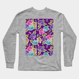 Botanical Roses Seamless Pattern On Purple Background Long Sleeve T-Shirt